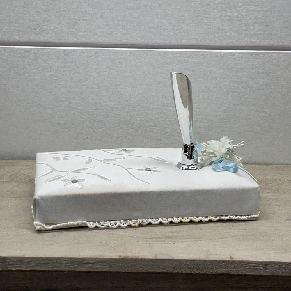 Vintage White Satin Floral Embroidered Wedding Guest Book Pen Holder Base Blue